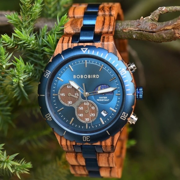 Luxury Zebra Wood Blue Chronograph Military Quartz Watch - Picture 1 of 16